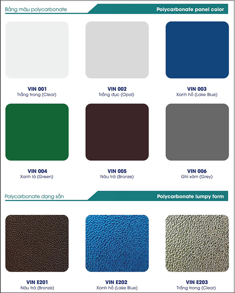 Bảng màu tấm nhựa Polycarbonate