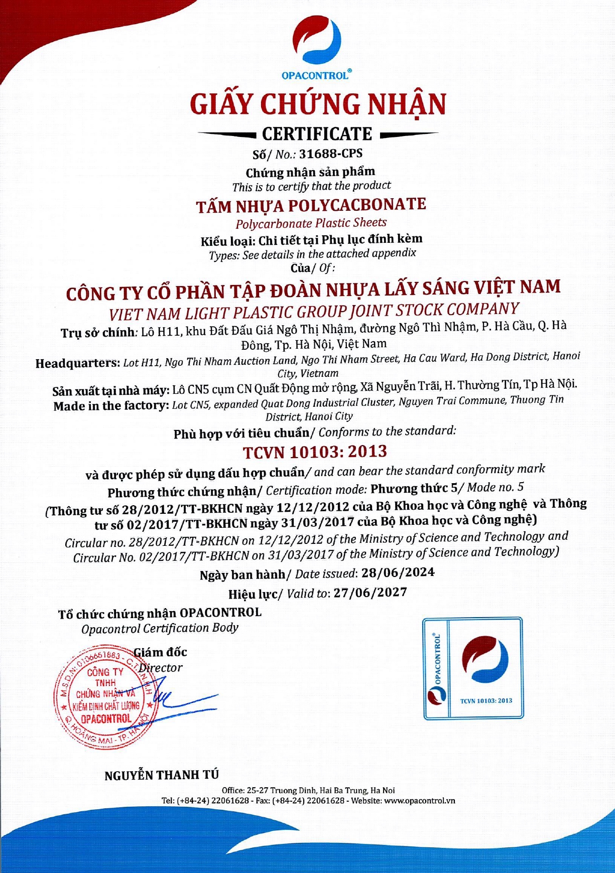 Chứng nhận chất lượng sản phẩm Polycarbonate